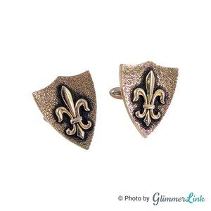 Vintage Heraldic Crest Shape Fleur de Lis Renaissance Themed Gold Tone Cufflinks